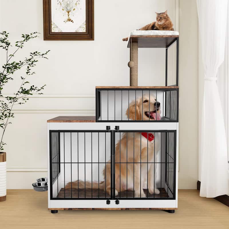 Multifunctional Dog Crate with Cat Perch, Bowls, Storage Shelves