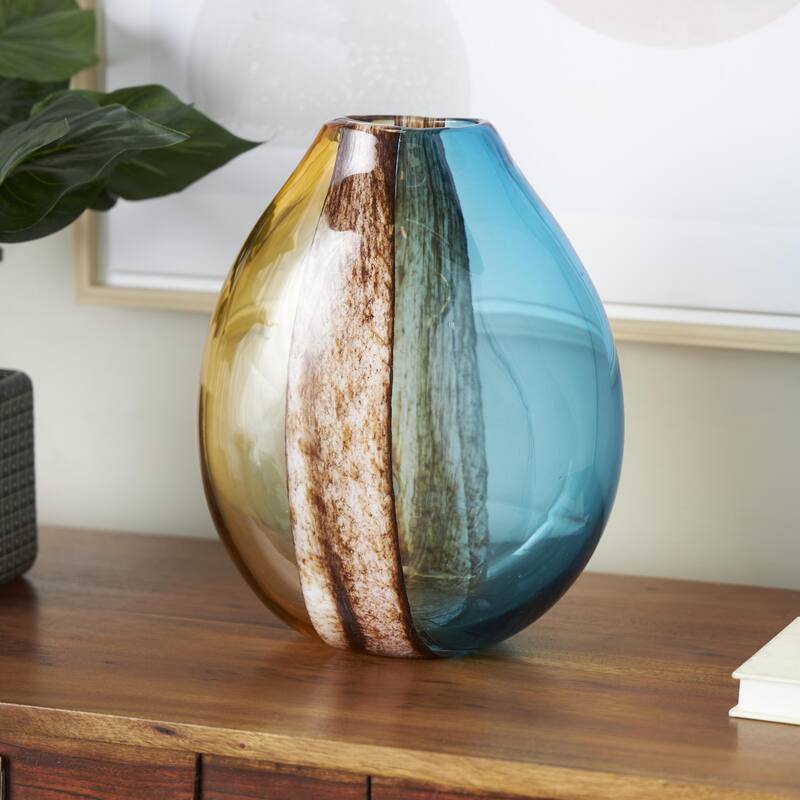 Glass Rounded Ombre Decorative Vase with Brown Textured Stripe Details - Multi Colored - Roche River Decor