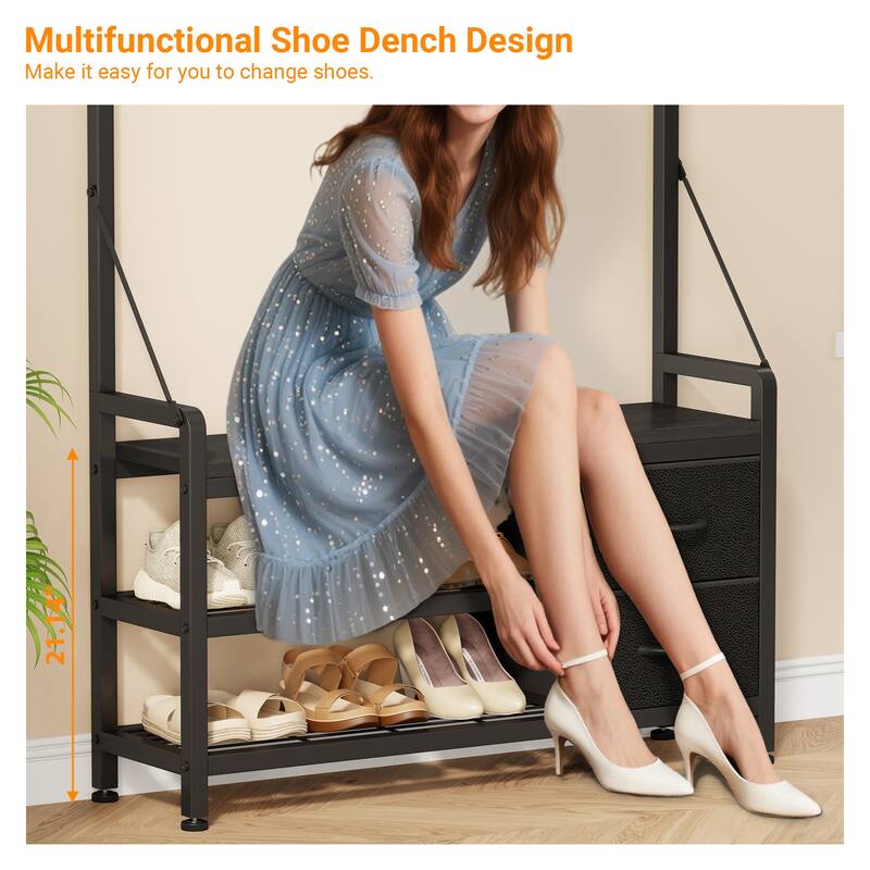 6-in-1 39.4"Hall Tree with Bench Entryway Shoe Rack w/24 Hooks & 2 Drawers