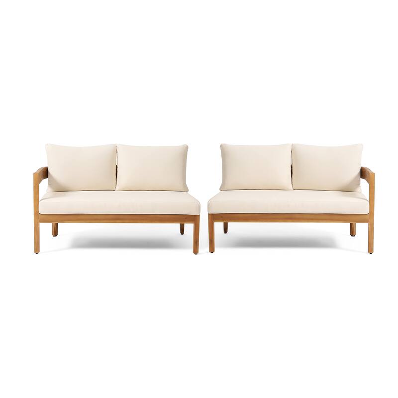 Roomfitters Outdoor 4 Seater Sofa Set with Left and Right Armrests, Wooden Frame Patio Couch with Cushions, Teak Beige