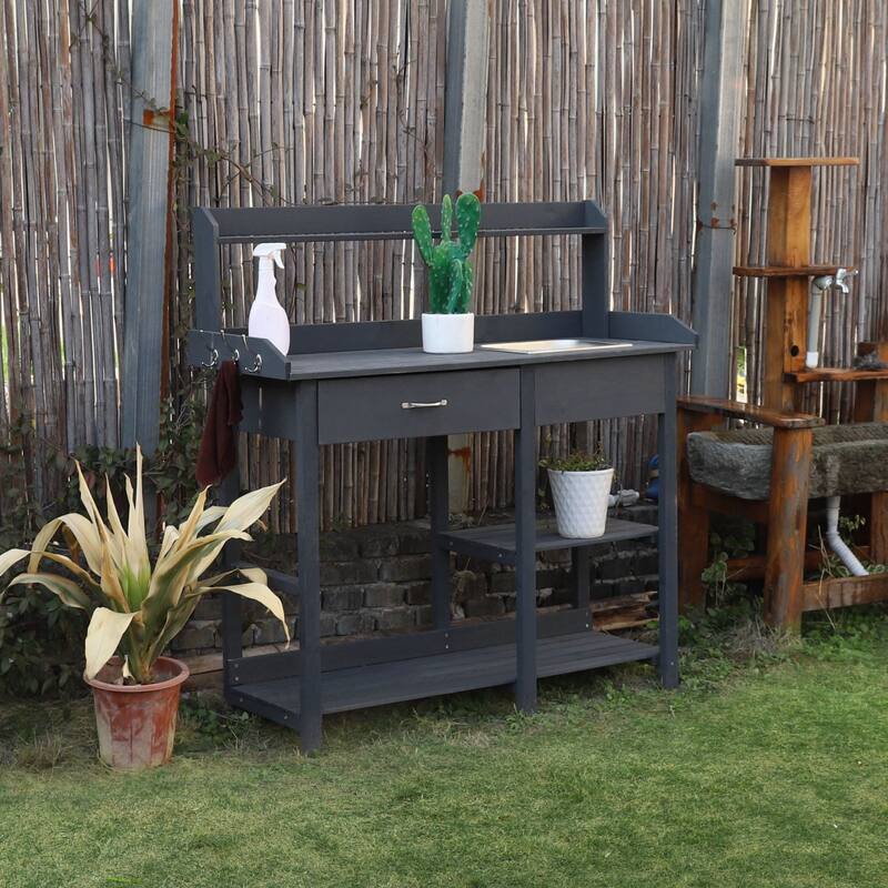 VEIKOUS Outdoor Wood Garden Multi - Functional Potting & Planting Workbench with Shelves - Grey