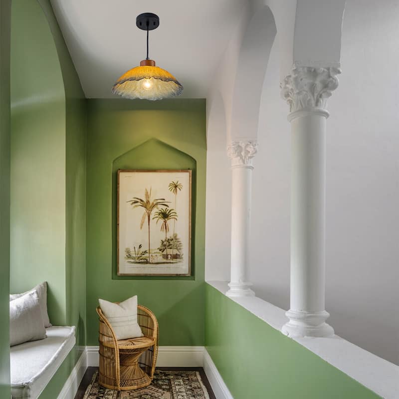 Industrial 1-Light Leaf-Shaped Glass Pendant Light with Texture Glass Shade