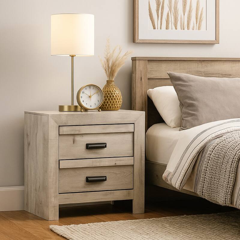 Velz Nightstand, 2 Drawers, Metal Finger Pull Handles, Weathered Beige