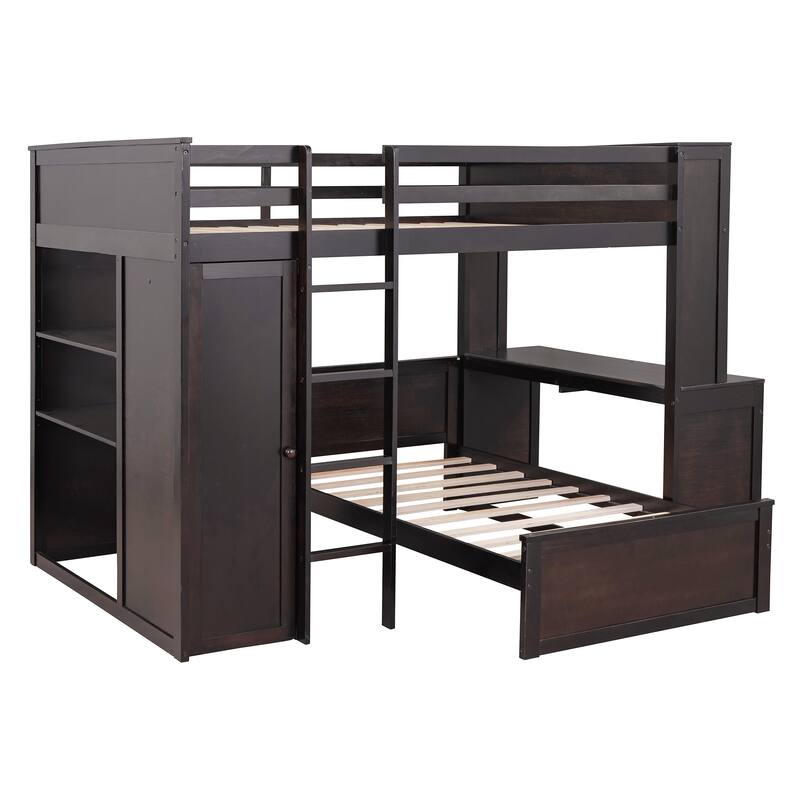 Space-Saving Full Size Loft Bed with Twin Bed, Shelves, Desk, and Wardrobe in Espresso