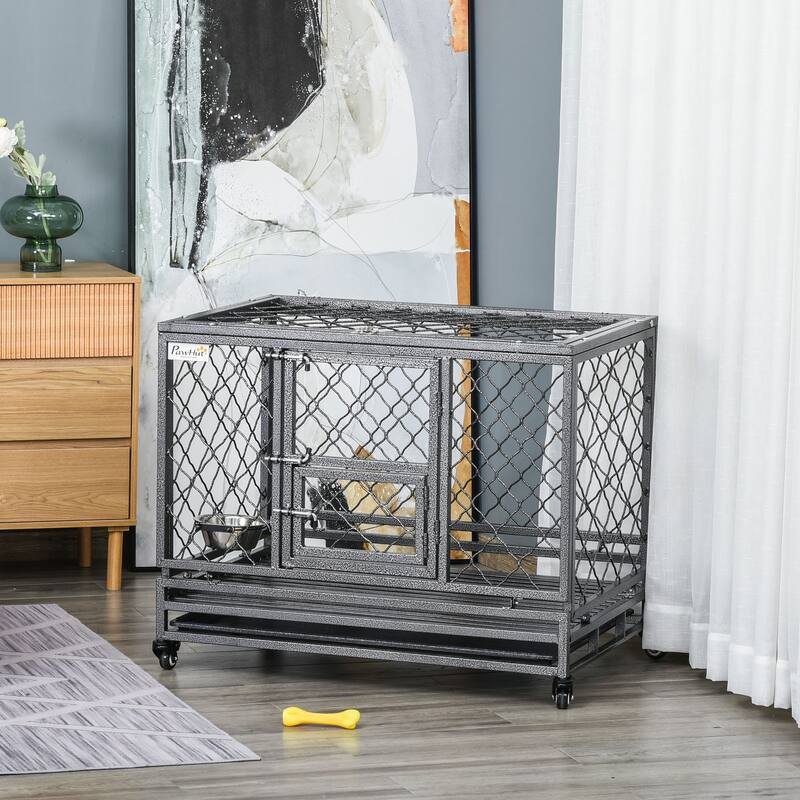 Modern Dog Crate Dog Kennel and Cage Dog Playpen with Lockable Wheels Slide-out Tray and Double Door Dog House - Black