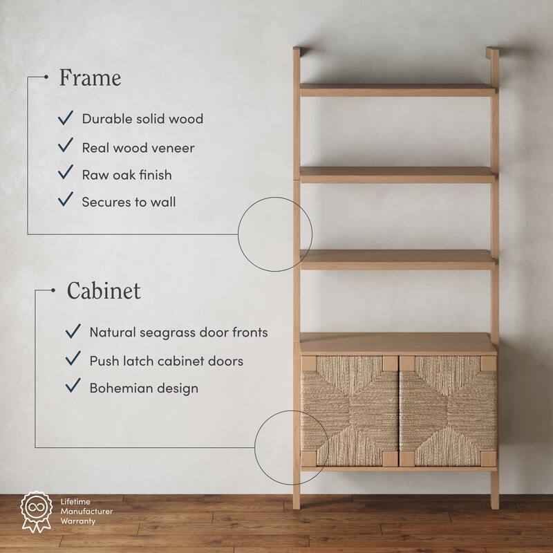 Beacon 3-Shelf Bookcase with Seagrass Cabinet, Solid Wood Bookshelf with Storage with Solid Wood Frame