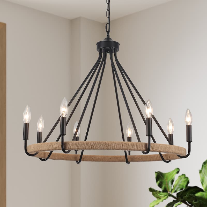 8-Light Hanging Candlestick Wagon Wheel Chandelier Hemp Rope Linear Chandelier Lighting for Kitchen Island - Black