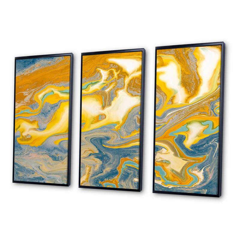Designart "Yellow And Blue Marble Waves I" Modern Framed Artwork Set of
