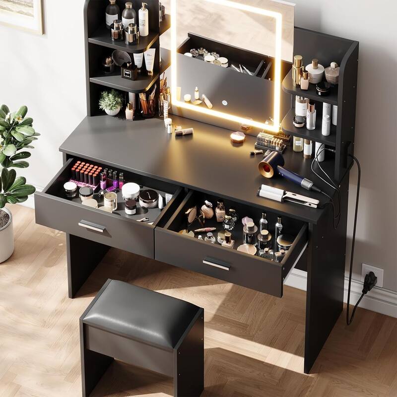 Vanity Desk with Lighted Mirror and 6 Storage Shelves