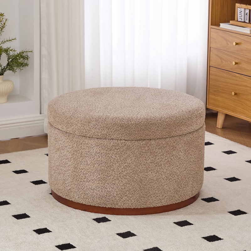 Christopher Knight Home - Rowan Modern Round Upholstered Storage Ottoman with Wood Base - Brown,Light Brown