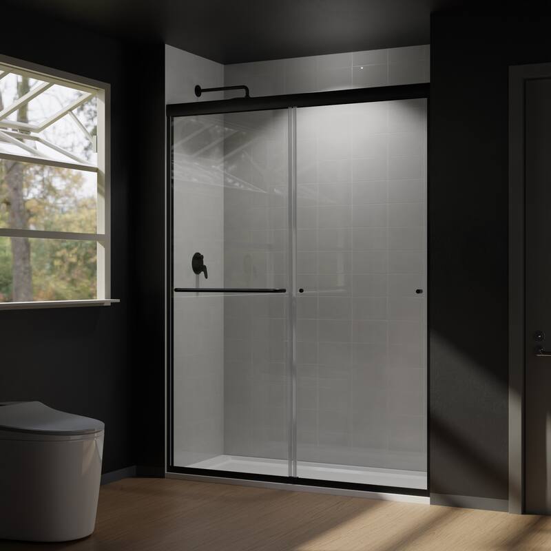 Semi-Frameless Double-sliding Shower Door with Tempered Clear Glass - 54 in.Wx72 in.H - Black