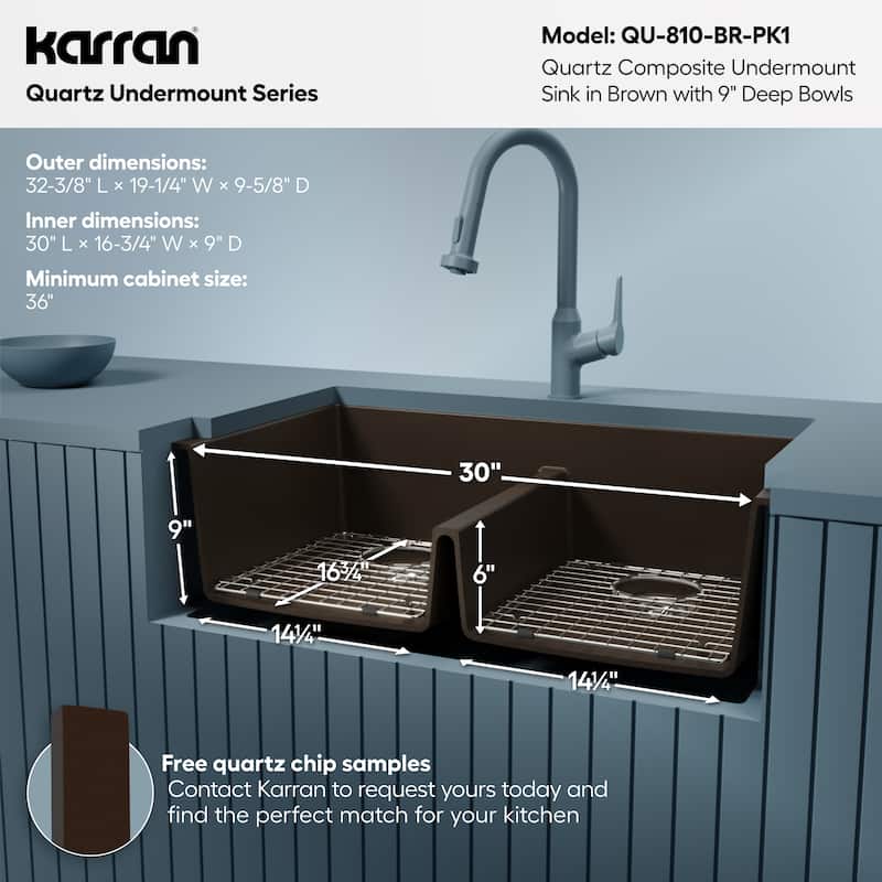 Karran 32" Undermount Double Equal Bowl Quartz Kitchen Sink Kit - 32" x 19.5" x 9"