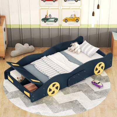 Fun Twin Race Car Platform Bed with Wheels and Storage, Solid Wood Frame