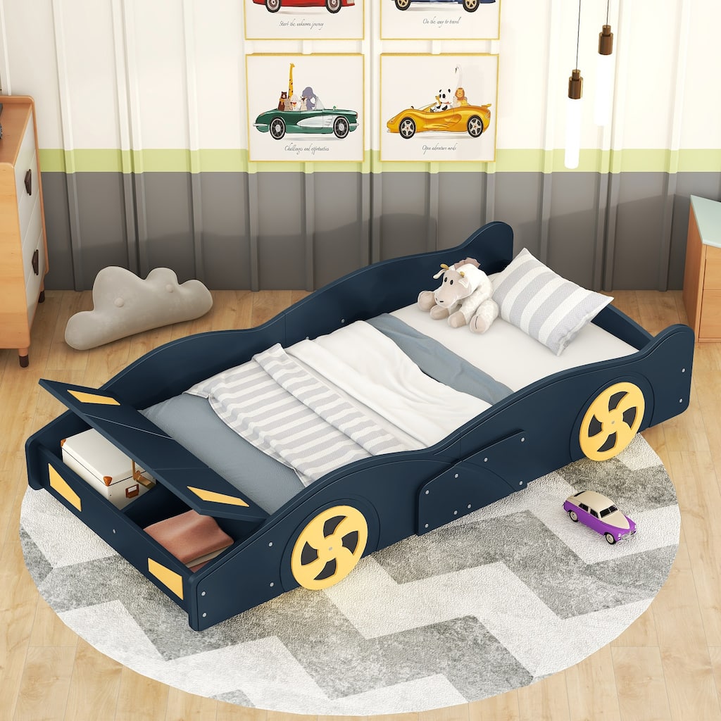 Twin Size Race Car-Shaped Platform Bed with Storage and Safety Rails..