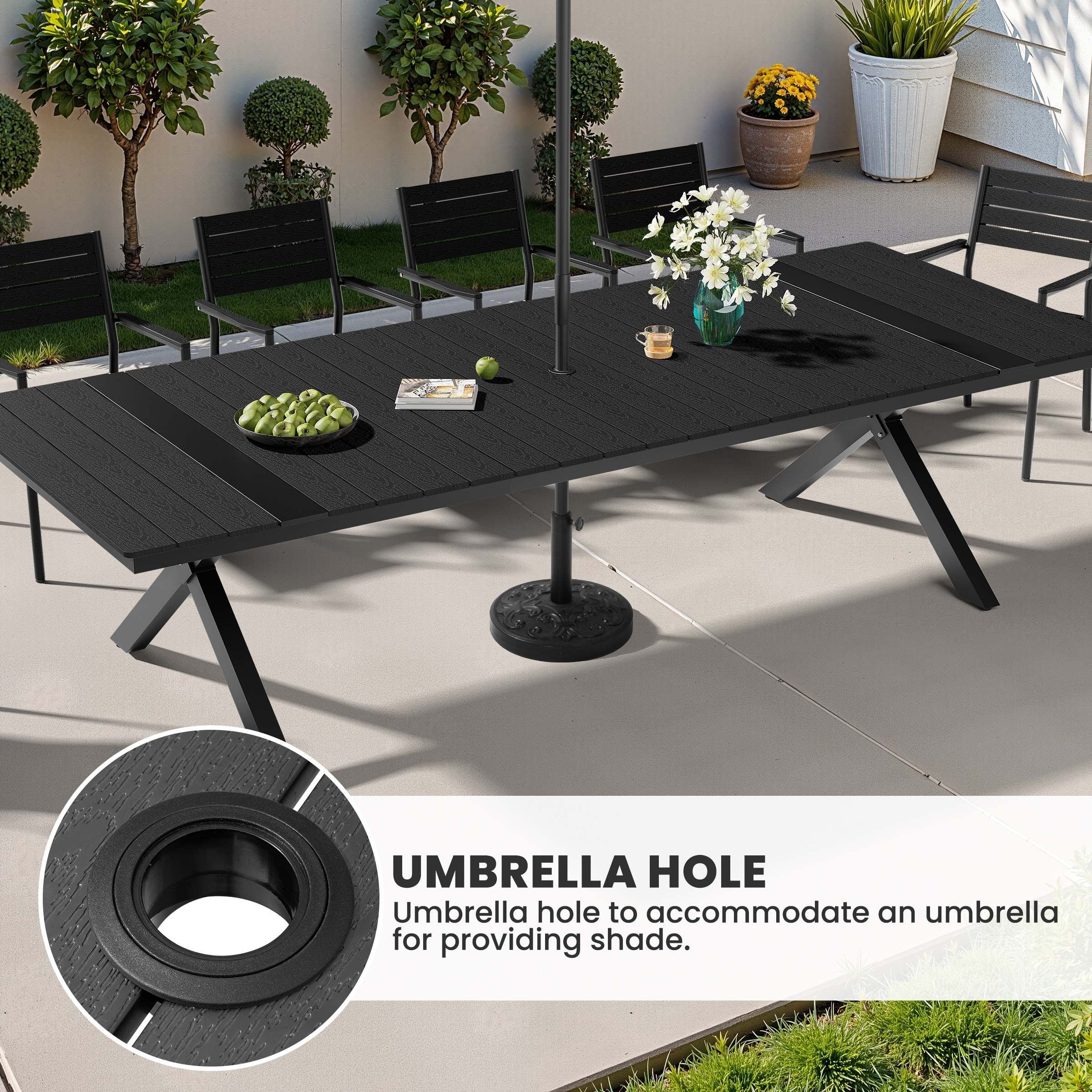 11/13-Piece Set Outdoor Aluminum Rectangular Dining Table with Umbrella Hole and Stackable Chairs