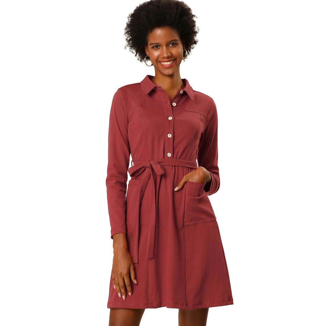 Shop Women S Half Placket Long Sleeve Short Shirt Dress With Belt