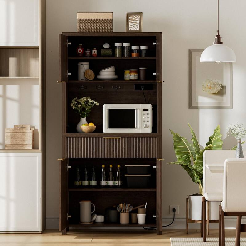 71"Pantry Storage Cabinet with Drawer, Charging Station and Open Countertop for Dining Living Room