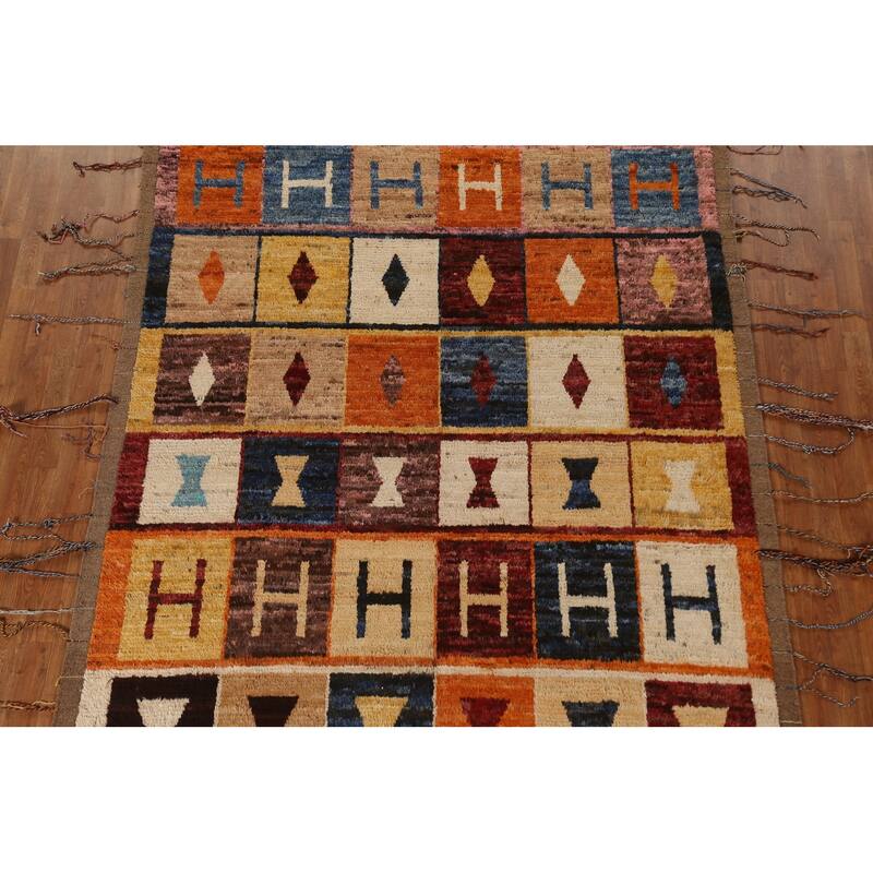 Hand Knotted Oriental 100% Wool Carpet Modern Tribal Multi-Colored Moroccan Area Rug - 9' 11'' X 6' 9''