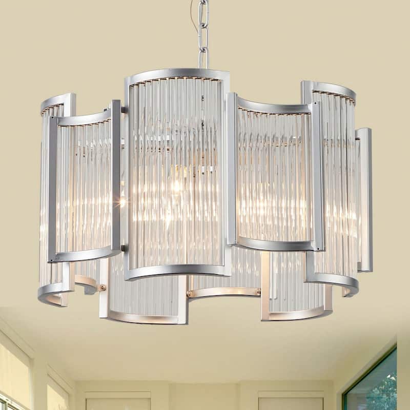 Cusp Barn 20in. Industrial Glass Chandelier, 5-Light Rustic Hanging Pendant Light, Clear Drum Shade Lighting Fixture for Bedroom - Chrome