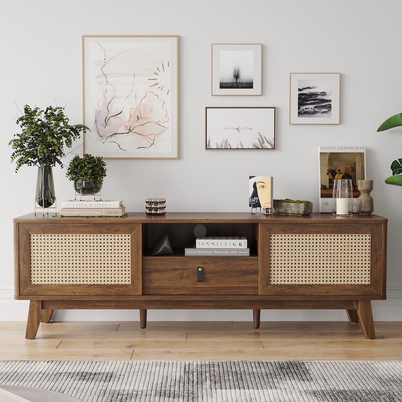 Rattan TV Stand TV Media Console with Drawer and Cabinets