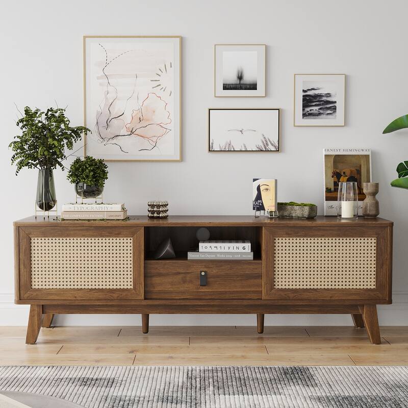 Rattan TV Stand for TVs, Wood TV Stand Mid Century Modern TV Stand TV Media Console with Drawer and 2 Cabinets