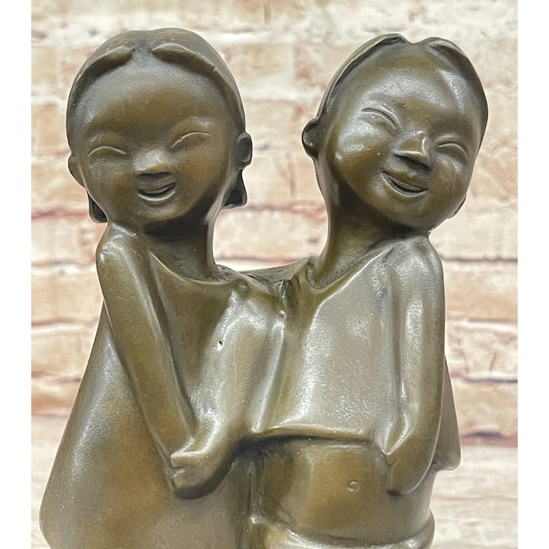 Chinese Children Brother And Sister Posing For Picture Collectible Bronze Sculpture By Zhang