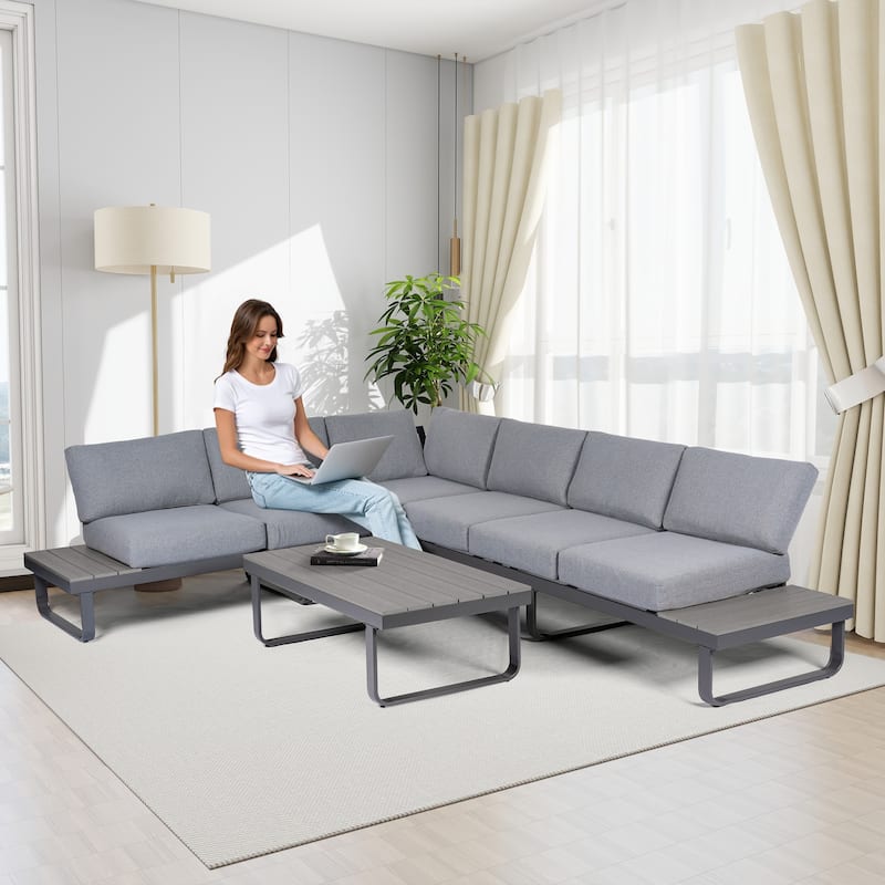 6 Person Outdoor L-Shape Metal Sectional Sofa Set with Cusions and Coffee Table