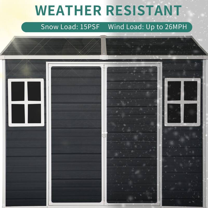 Outdoor Resin Garden Shed Rust-proof Storage Shed Tool Shed with Sloping Roof & Lockable Double Doors, Built-in Floor