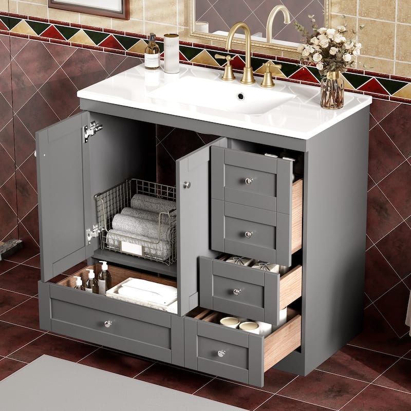 36" Shaker-Style Bathroom Vanity – Freestanding Cabinet with Ceramic Sink, 4 Soft-Close Drawers & 2 Doors‌ - Grey