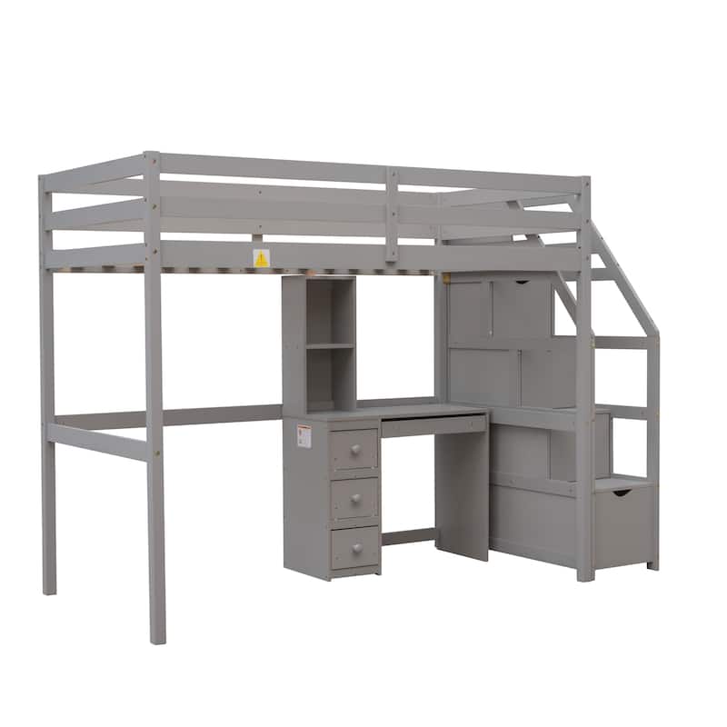 Gray Twin Pine Loft Bunk Bed with Storage Staircase, Desk, Shelves, Drawers
