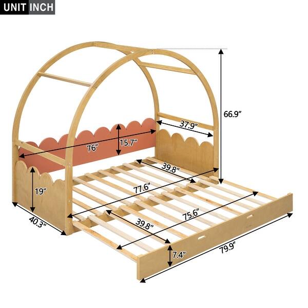dimension image slide 0 of 2, Twin Size House Bed Vaulted Roof Bed with Stretchable Trundle & Fence, Unique Adjustable Grounded Bed Twin to King Bed Frame