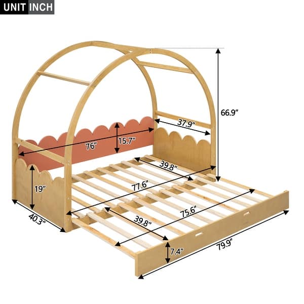 dimension image slide 1 of 2, Twin Size Stretchable Vaulted Roof Bed, Children's Pine Wood Bed Frame with Three-Sided Guardrail, No Noise/Easy Assembly