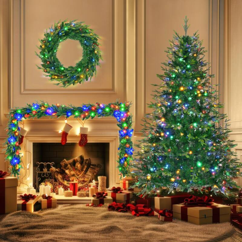 6FT Pre-Lit Christmas Tree with Garland & Wreath Set, LED Multi-Color & Warm Lights, Green and White Tips