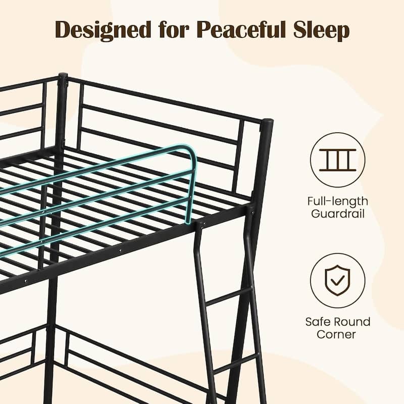 Twin Size Loft Bed Metal Loft Bed Frame w/Ladder & Safety Guardrail
