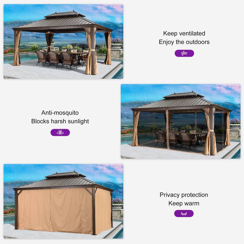 PURPLE LEAF Outdoor Gazebo Aluminum Frame Galvanized Steel Hardtop Gazebo with Bulbs