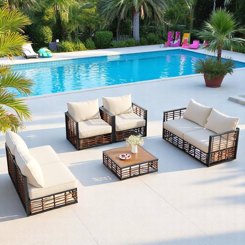 7-Piece Outdoor Sofa Set with All-Weather Garden Conversational Furniture Set, Cushions-Patio Sectional Sofa Set