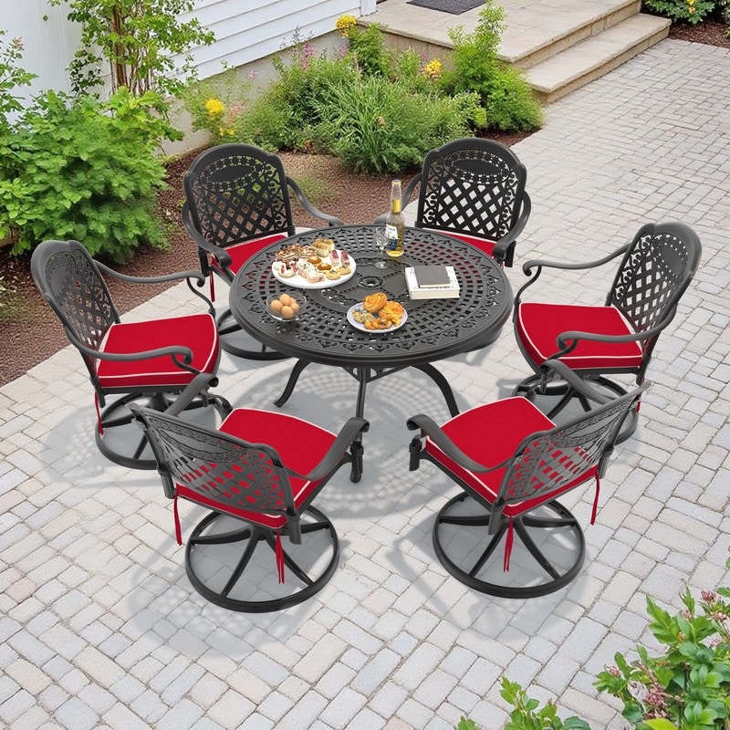 7-Piece Aluminum Round Outdoor Patio Dining Set, 6 Cushioned Swivel Chairs, Table, All-Weather Frames