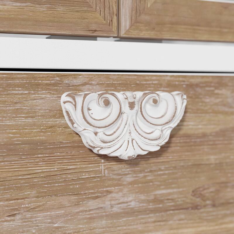 Solid Wood Tall Storage Cabinet, 31.5" Farmhouse Distressed White Carved Armoire with Shelves and Drawer - 31.5"x68.9"