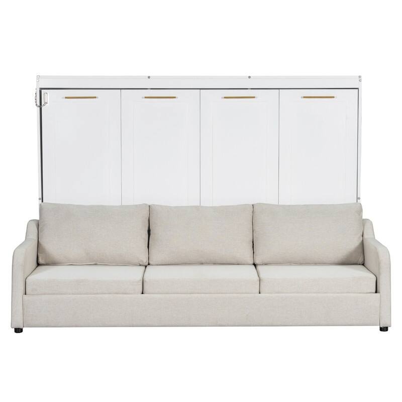 Full/Queen Size Murphy Cabinet Bed with Folding Sofa, Storage Bed Frame with Built-in Bookshelf and LED Light