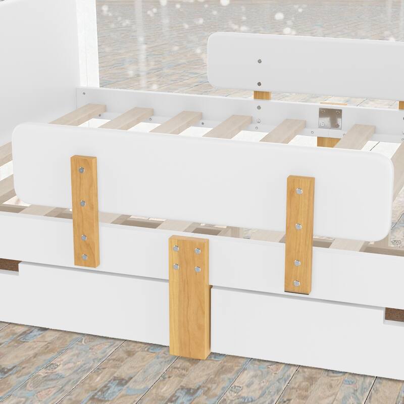 Twin/Full Wood Platform Bed with Storage Drawers, Guardrail, Shelf & Hooks, Solid Wood Frame, No Box Spring Needed