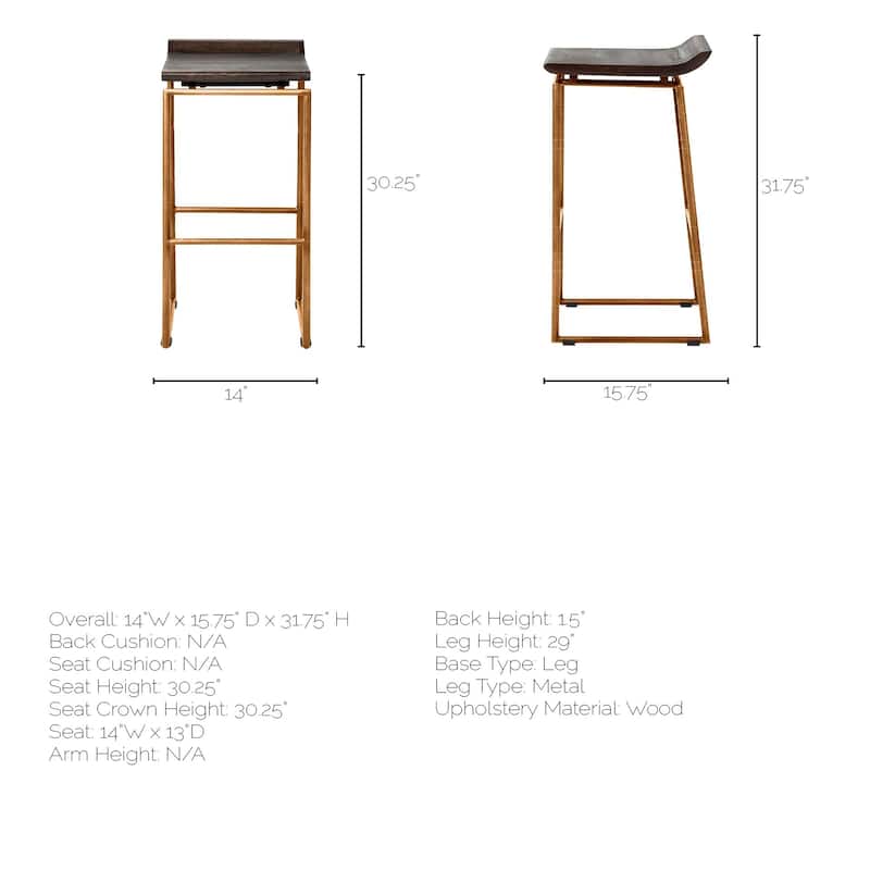Givens Dark Brown Solid Wood Seat with Gold Metal Frame Bar Stool - 14"W x 15.8"D x 31.8"H