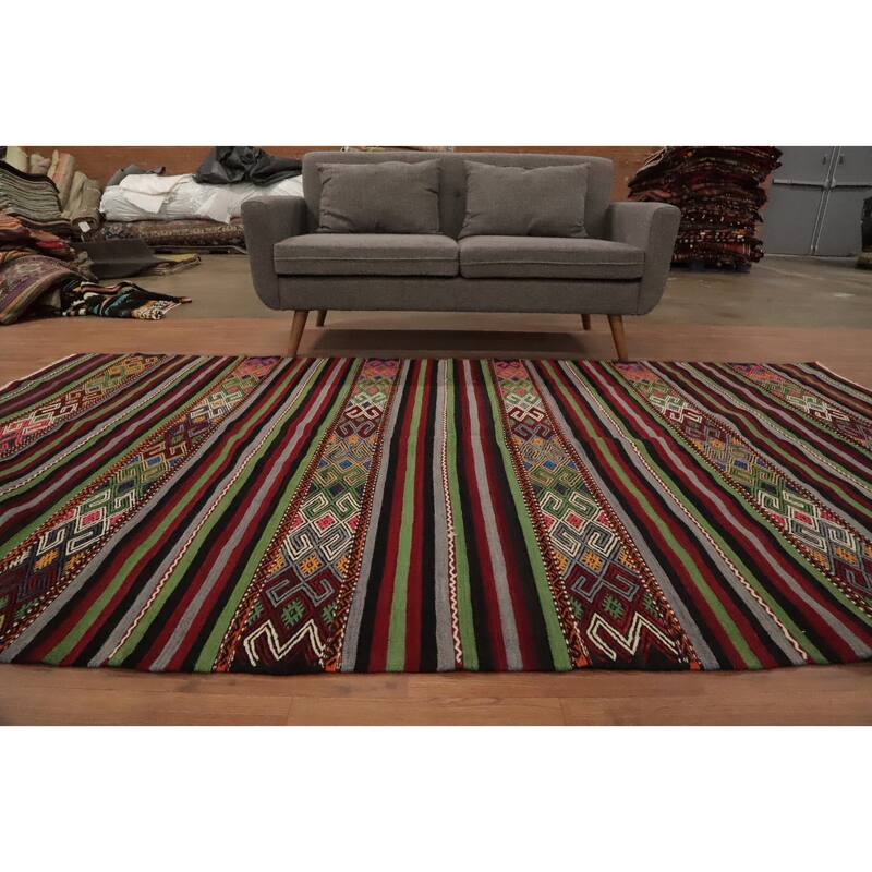 Hand Woven Oriental 100% Wool Carpet Southwestern Tribal Multi-Colored Kilim Area Rug - 10' 2'' X 5' 7''