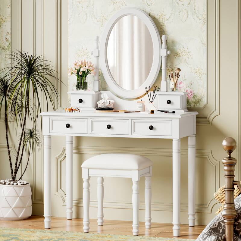 Vintage Vanity Desk Set with Adjustable Mirror - Wooden Makeup Table & Velvet Stool, 5 Drawers for Bedroom - White