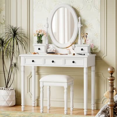 Vintage Vanity Desk Set with Adjustable Mirror - Wooden Makeup Table & Velvet Stool, 5 Drawers for Bedroom