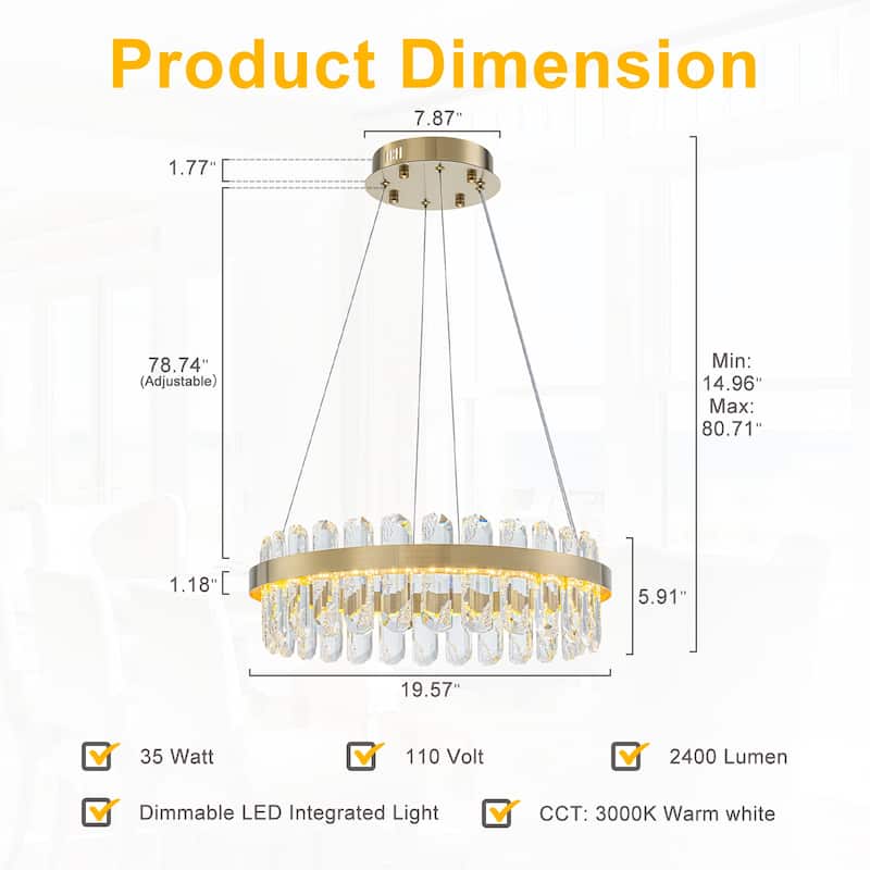 Modern Gold LED Chandelier with Clear Linear Crystals Dimmable - Dia.19.57-in