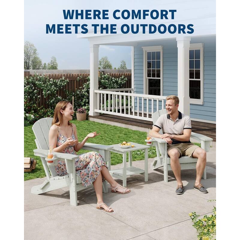 2-Pack Folding Adirondack Chairs HDPE All-Weather Outdoor Seating with Cup Holder and Wood-Look Texture