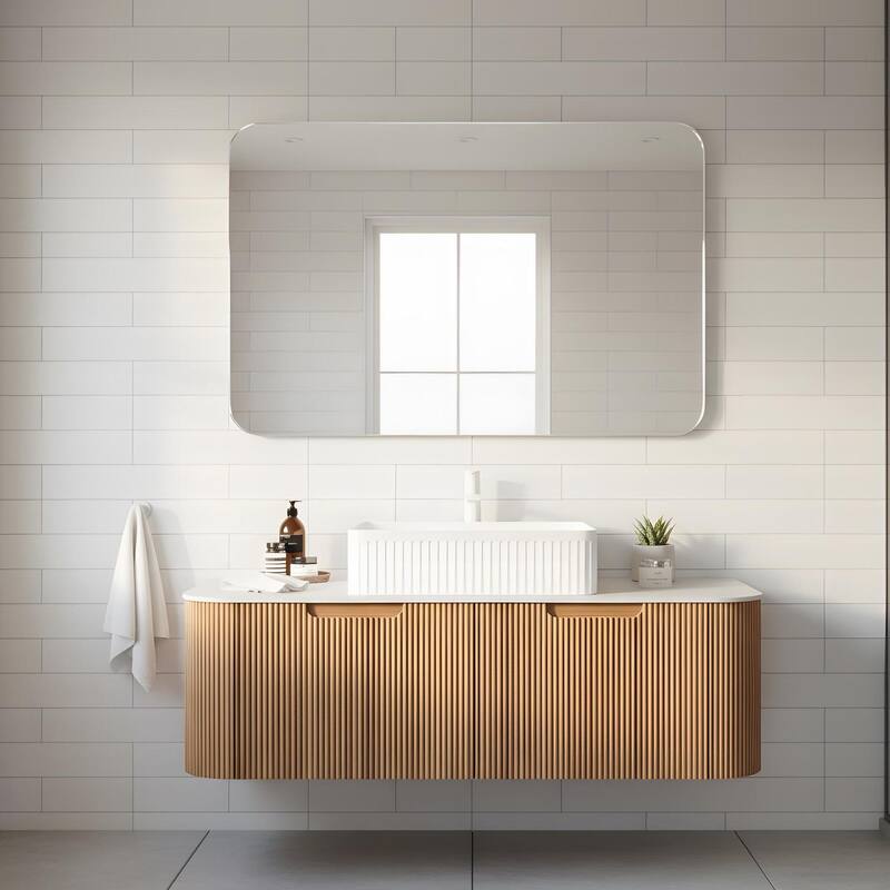 Wall Mounted Bathroom Vanity with White Rectangular Ceramic Basin - 48 - Natural Wood