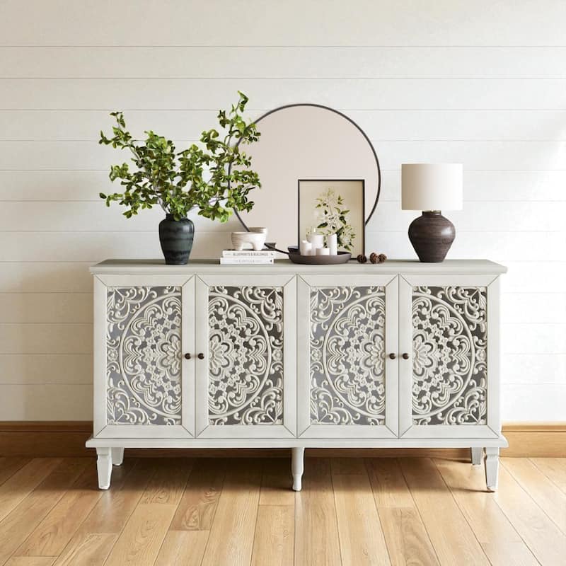 60" Antique Buffet Sideboard with Floral Carvings, Solid Wood Legs, Brass Handles & Adjustable Shelves, TV Stand up to 65"