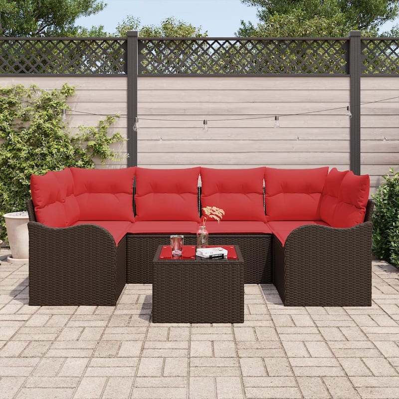 vidaXL 7 Garden Sofa Set with Cushions Black/Brown/Grey Poly Rattan - 92.1 x 48.2 x 27.2