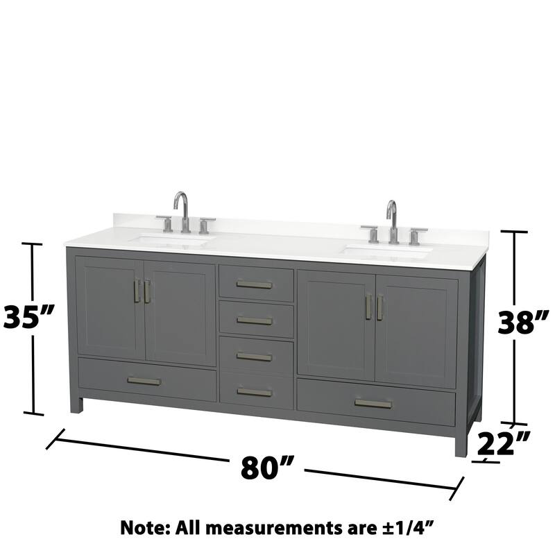 Sheffield 80-inch Double Vanity, 3 Hole Quartz Top, Med Cabinets